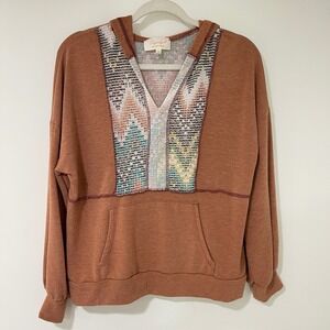 Sugarfox Southwestern Hoodie Womens Small Rust Orange Aztec Geometric Pullover